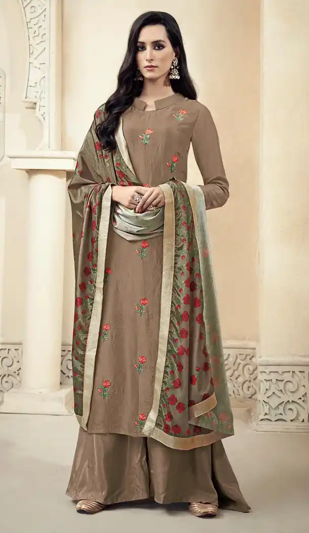 Chocolate Color Upada Silk Pakistani Style Party Wear Palazzo Suit - 3372938