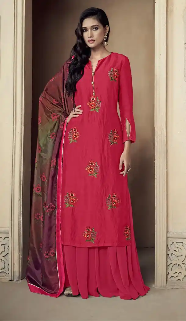 Red Color Upada Silk Pakistani Style Party Wear Palazzo Suit - 3372940