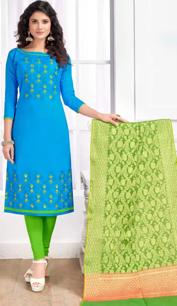Sky Blue Color Pc Cotton Embroidery Casual Party Wear Salwar Kameez - 3422977