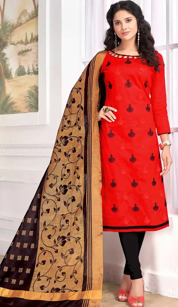 Red Color Pc Cotton Embroidery Casual Party Wear Salwar Kameez - 3422984