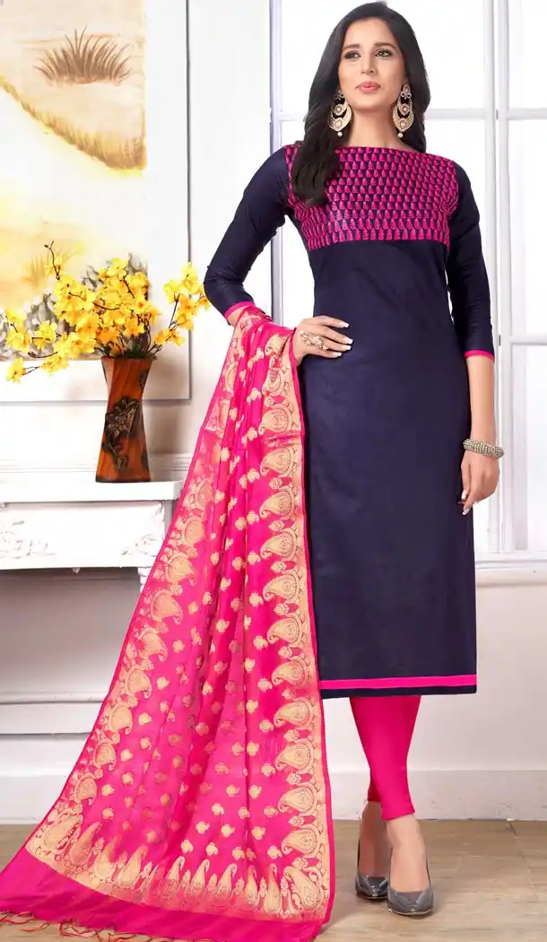 Blue Color Pc Cotton Embroidery Casual Party Wear Salwar Kameez - 3422985