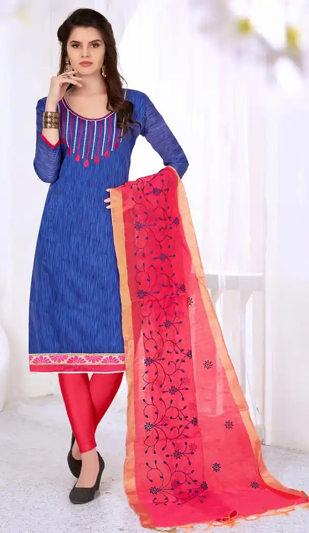 Blue Color Cotton Embroidery Formal Office Wear Salwar Kameez - 403448717