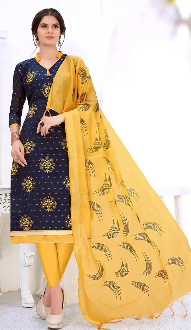 Blue Color Cotton Embroidery Formal Office Wear Salwar Kameez - 403448722