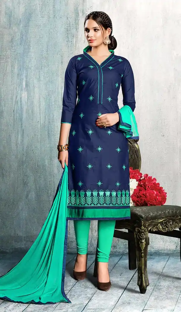 Blue Color Cotton Embroidery Office Wear Formal Salwar Kameez - 403548759