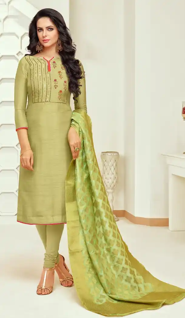 Golden Green Color Upada Silk Casual Party Wear Churidar Kameez - 404448816