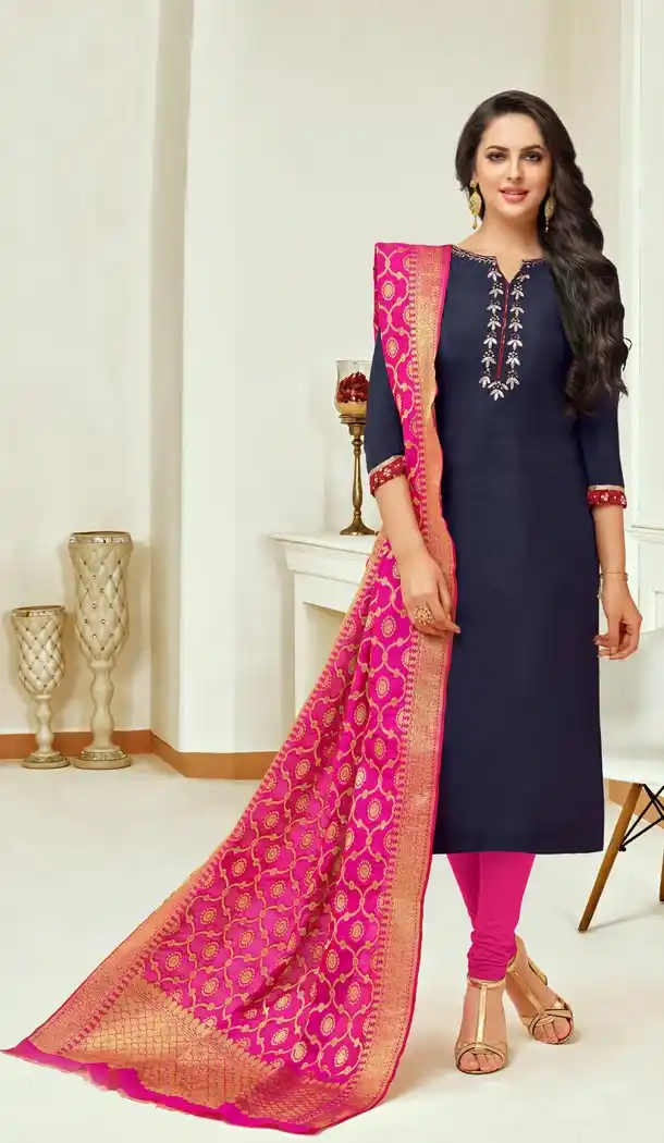 Dark Blue Color Upada Silk Casual Party Wear Churidar Kameez - 404448817