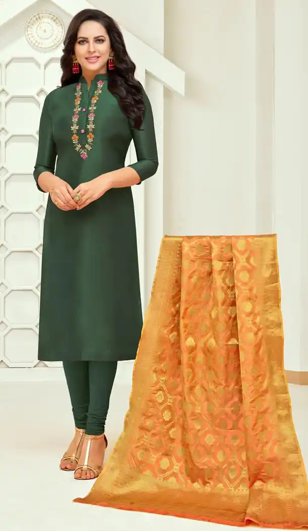 Forest Green Color Upada Silk Casual Party Wear Churidar Kameez - 404448818
