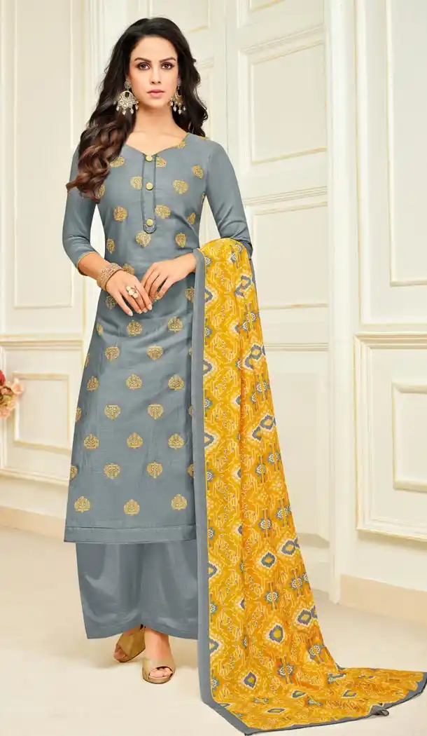 Grey Color Jam Silk Straight Cut Evening Wear Palazzo Suits - 404648846