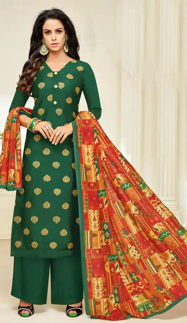Forest Green Color Jam Silk Straight Cut Evening Wear Palazzo Suits - 404648847