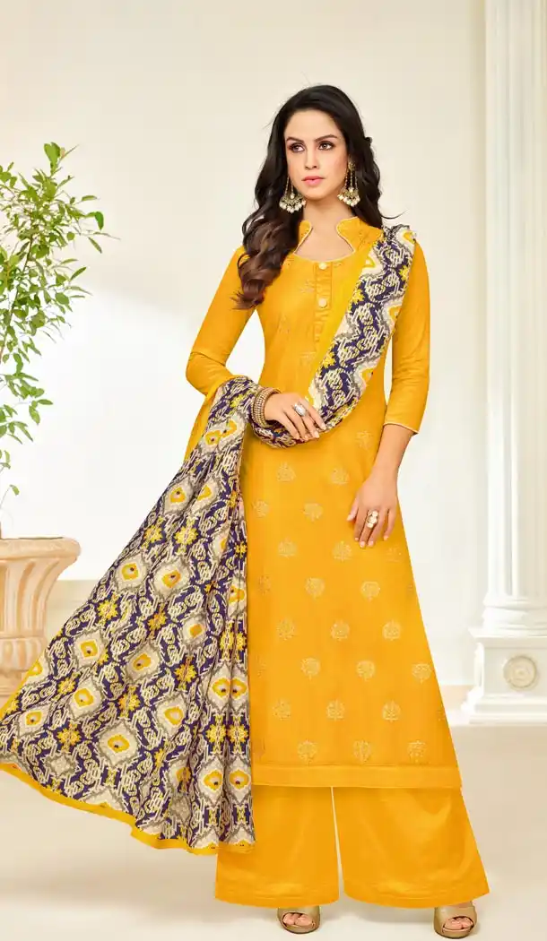 Yellow Color Jam Silk Straight Cut Evening Wear Palazzo Suits - 404648848
