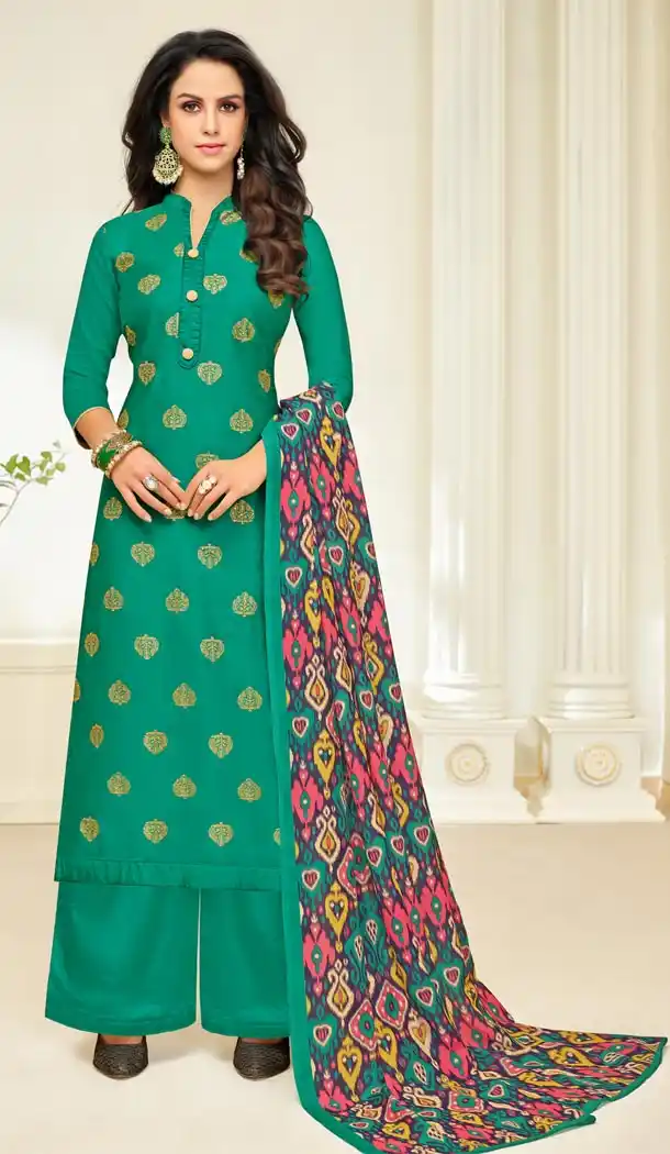 Green Color Jam Silk Straight Cut Evening Wear Palazzo Suits - 404648850