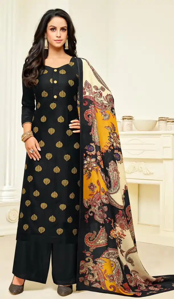 Black Color Jam Silk Straight Cut Evening Wear Palazzo Suits - 404648852