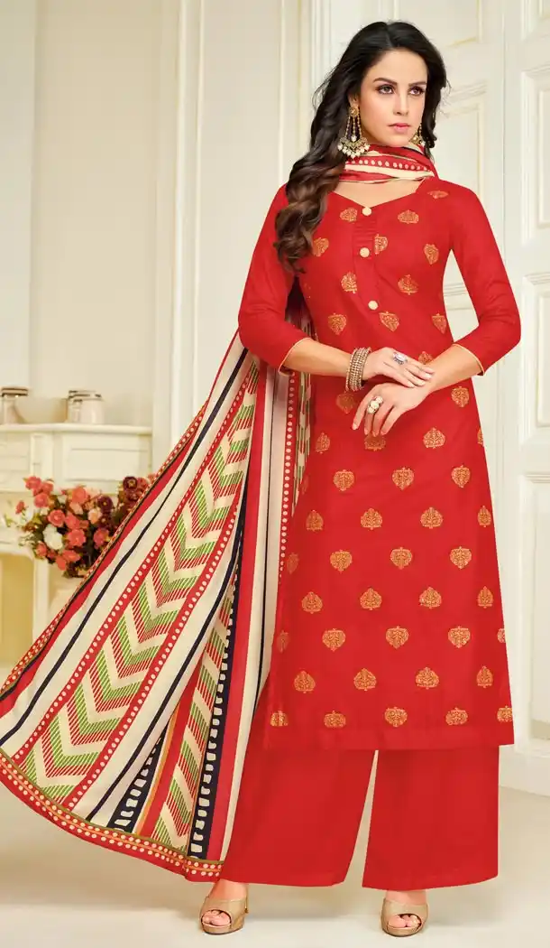 Red Color Jam Silk Straight Cut Evening Wear Palazzo Suits - 404648853