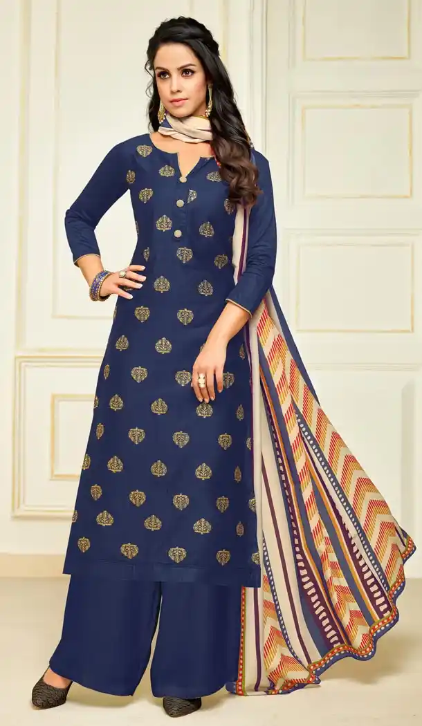 Blue Color Jam Silk Straight Cut Evening Wear Palazzo Suits - 404648854