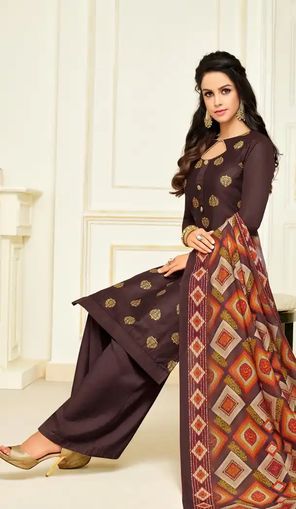 Brown Color Jam Silk Straight Cut Evening Wear Palazzo Suits - 404648855