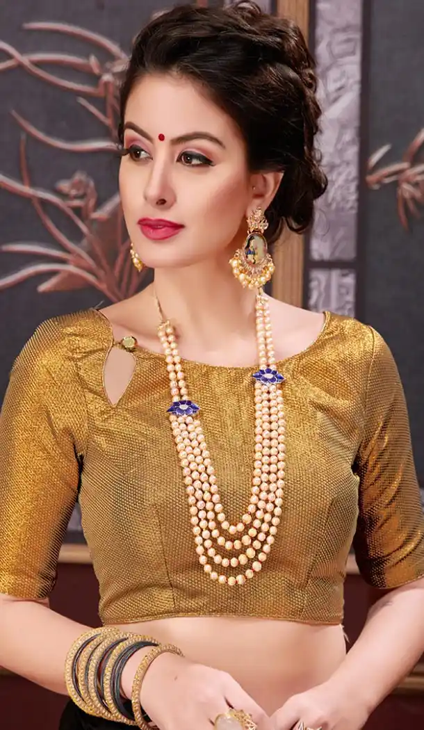 Golden Color Brocade Party Wear Short Sleeve Readymade Blouse - 3533098
