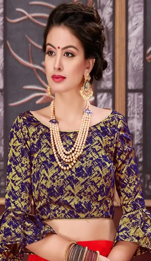 Blue Color Brocade Party Wear Fancy Sleeve Readymade Blouse - 3533100