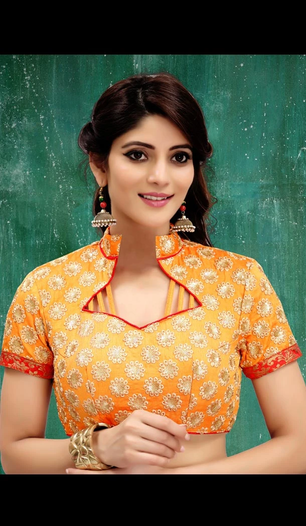 Designer Yellow Color Two Ton Silk Neck Readymade Blouse - 3553118