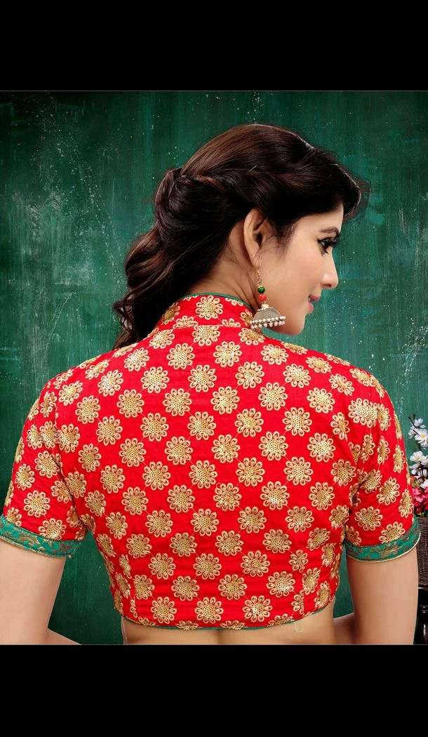 Designer Red Color Two Ton Silk Neck Readymade Blouse - 3553119