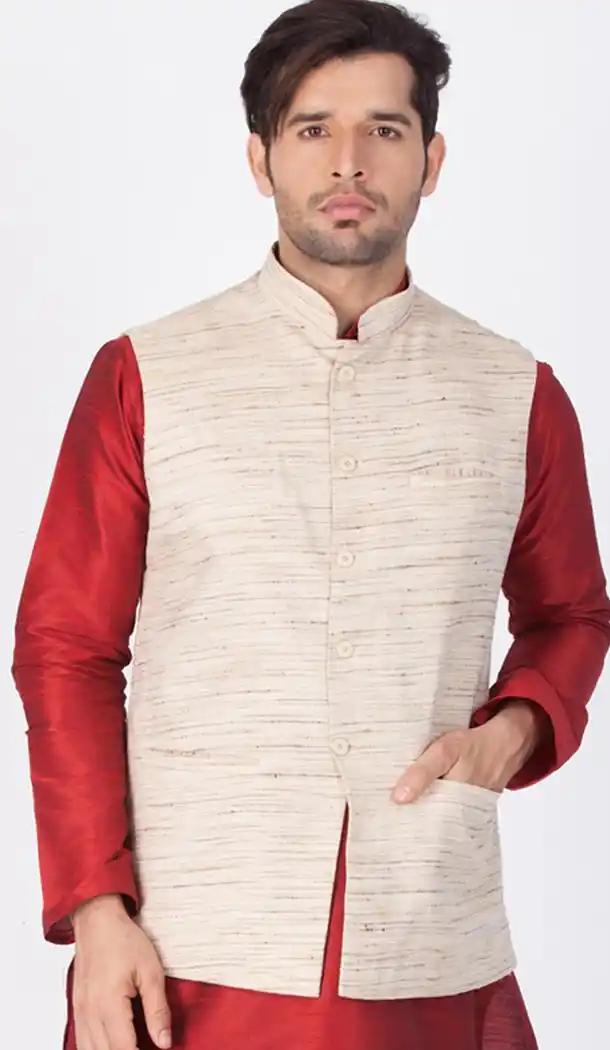 Beige Color Cotton Satin Party Wear Men Readymade Waistcoat - 395347701