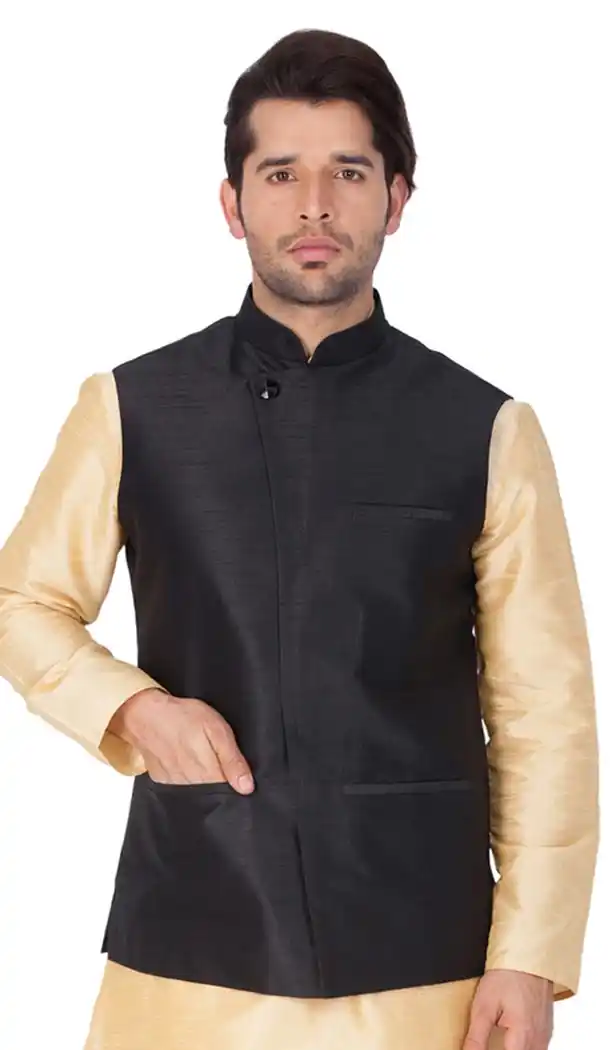 Black Color Cotton Satin Party Wear Men Readymade Waistcoat - 395347702