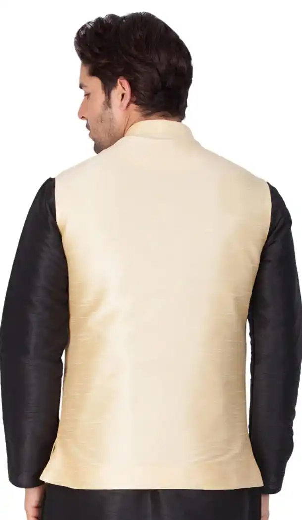 Golden Color Cotton Satin Party Wear Men Readymade Waistcoat - 395347703
