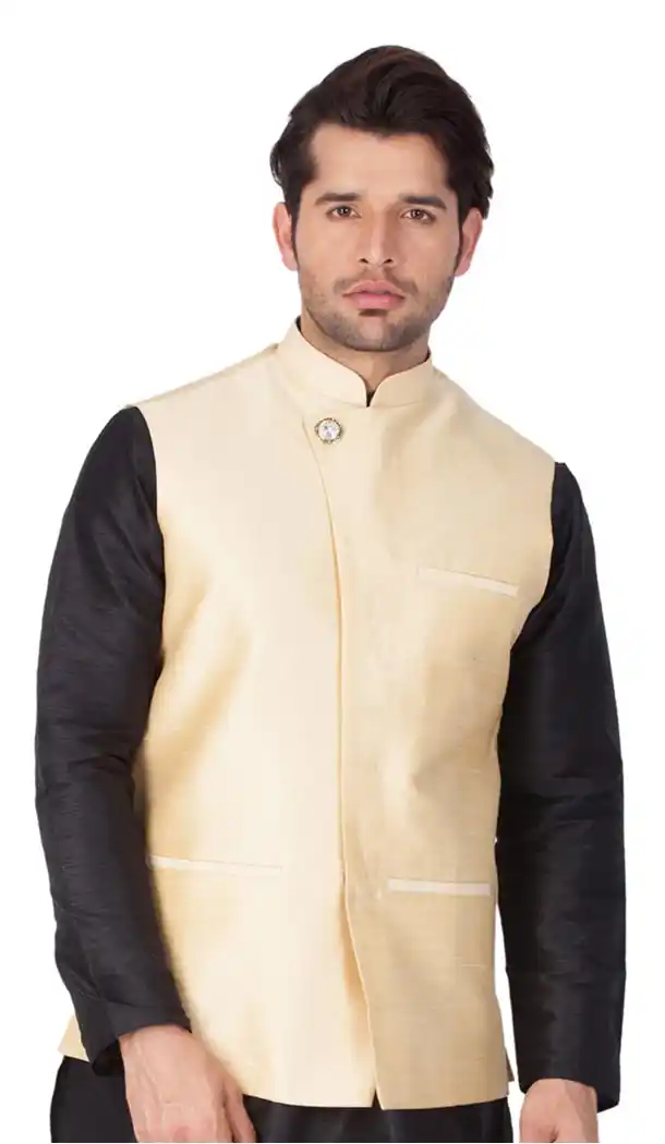 Golden Color Cotton Satin Party Wear Men Readymade Waistcoat - 395347703