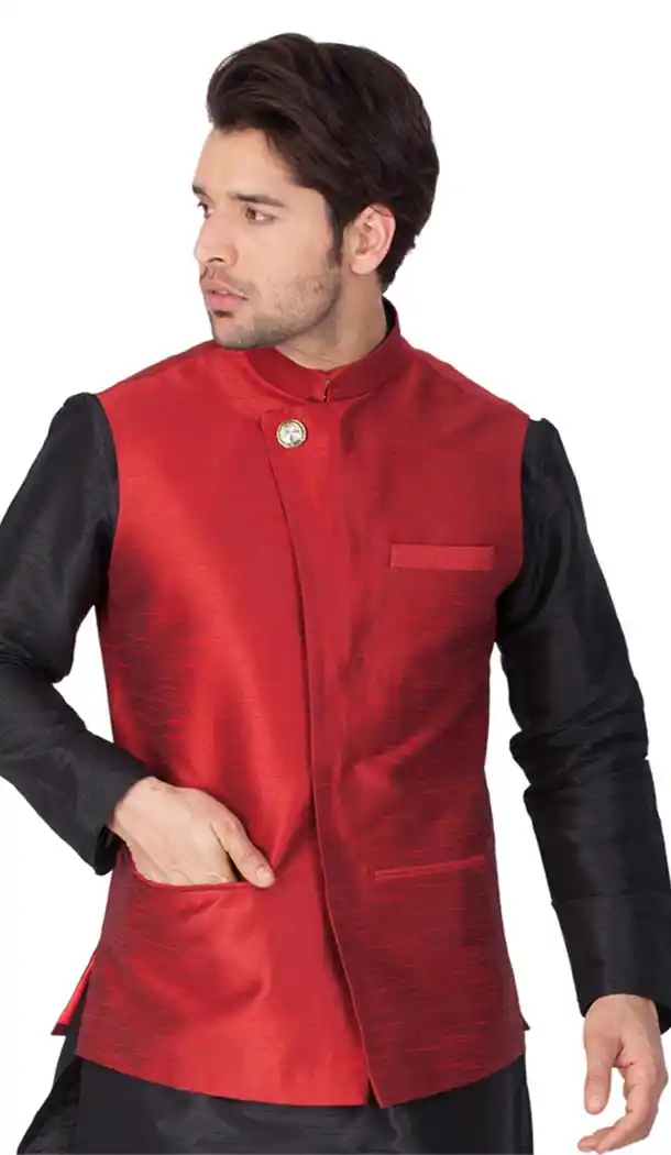 Maroon Color Cotton Satin Party Wear Men Readymade Waistcoat - 395347704