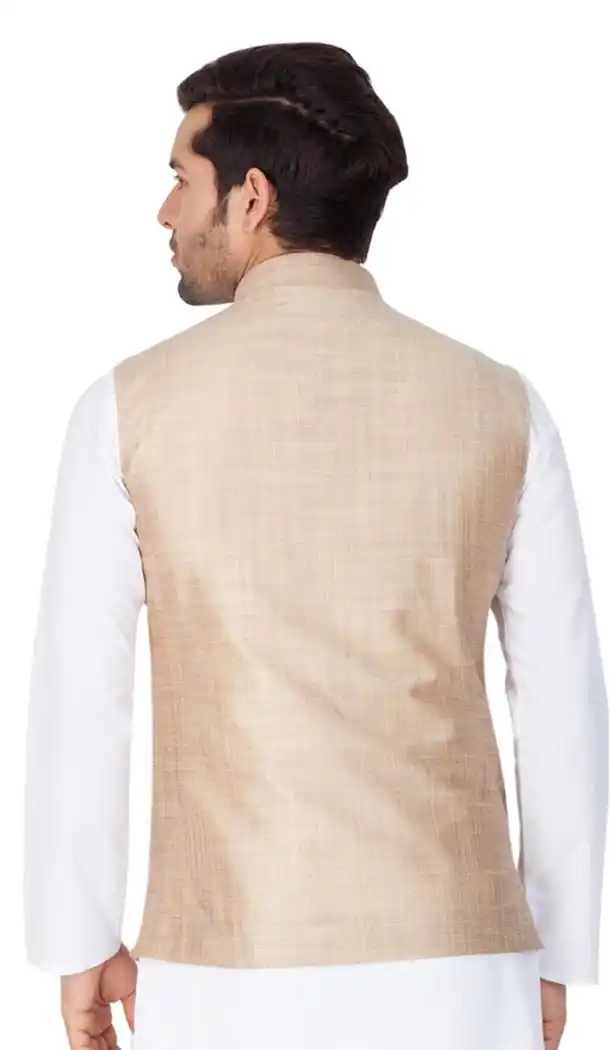 Beige Color Cotton Satin Party Wear Men Readymade Waistcoat - 395347705