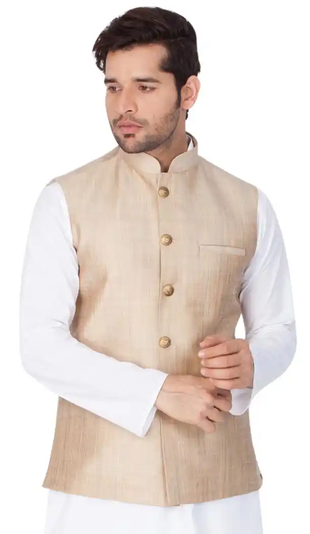 Beige Color Cotton Satin Party Wear Men Readymade Waistcoat - 395347705