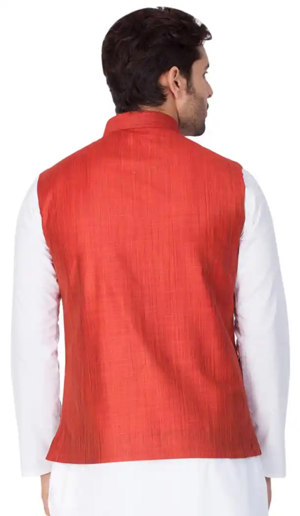 Red Color Cotton Satin Party Wear Men Readymade Waistcoat - 395347706