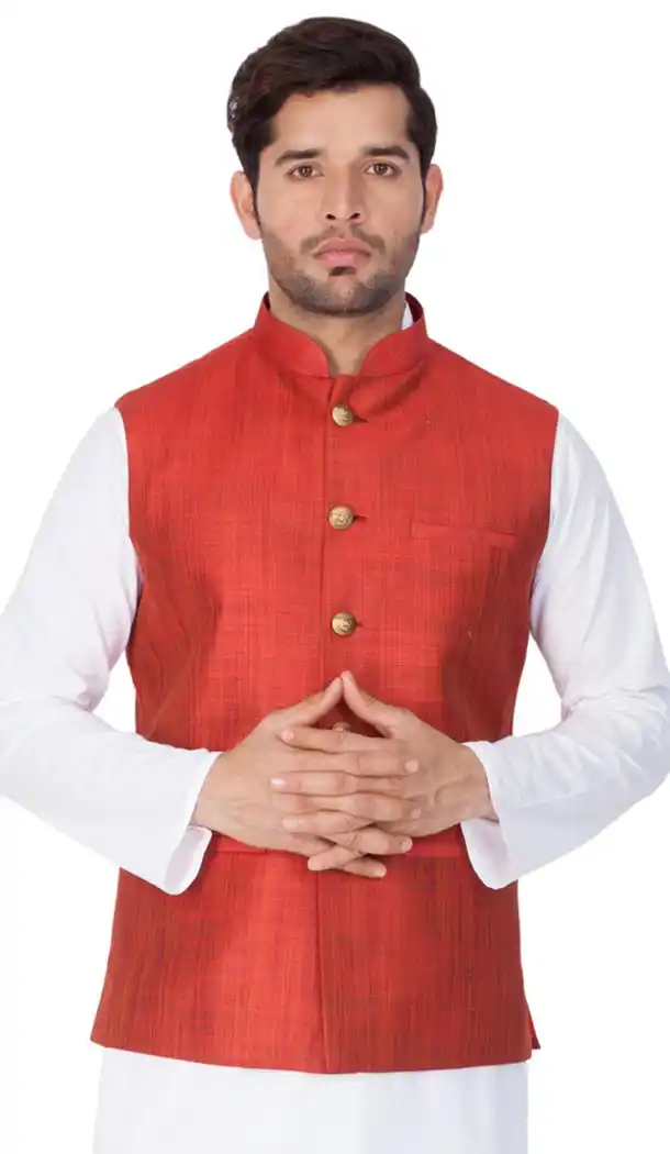 Red Color Cotton Satin Party Wear Men Readymade Waistcoat - 395347706