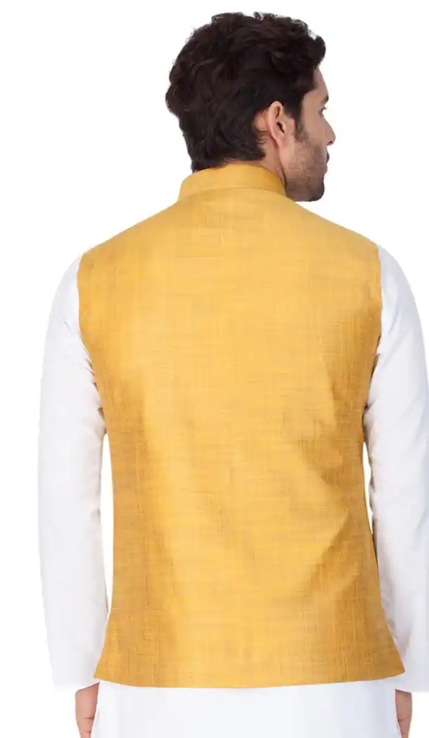 Yellow Color Cotton Satin Party Wear Men Readymade Waistcoat - 395347707