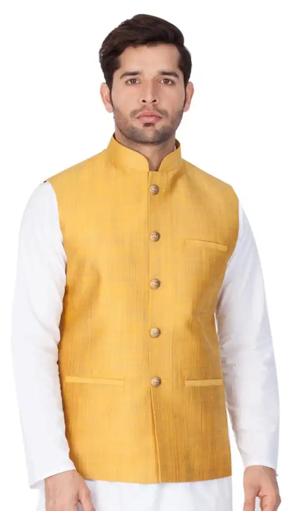 Yellow Color Cotton Satin Party Wear Men Readymade Waistcoat - 395347707