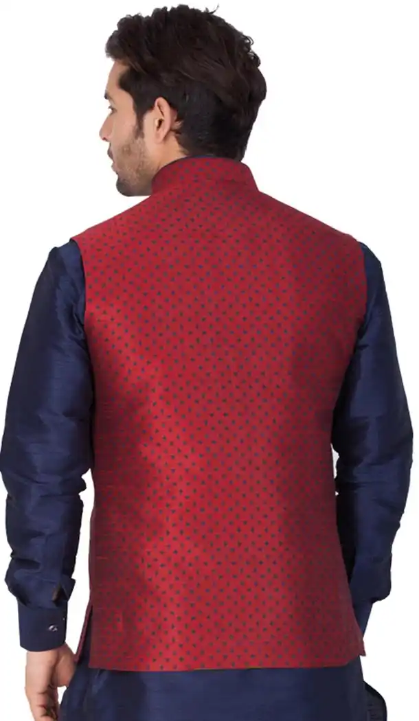 Maroon Color Cotton Satin Party Wear Men Readymade Waistcoat - 395347708