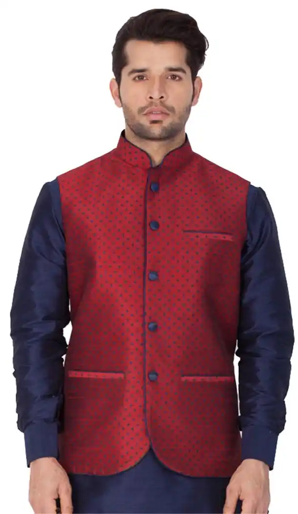 Maroon Color Cotton Satin Party Wear Men Readymade Waistcoat - 395347708