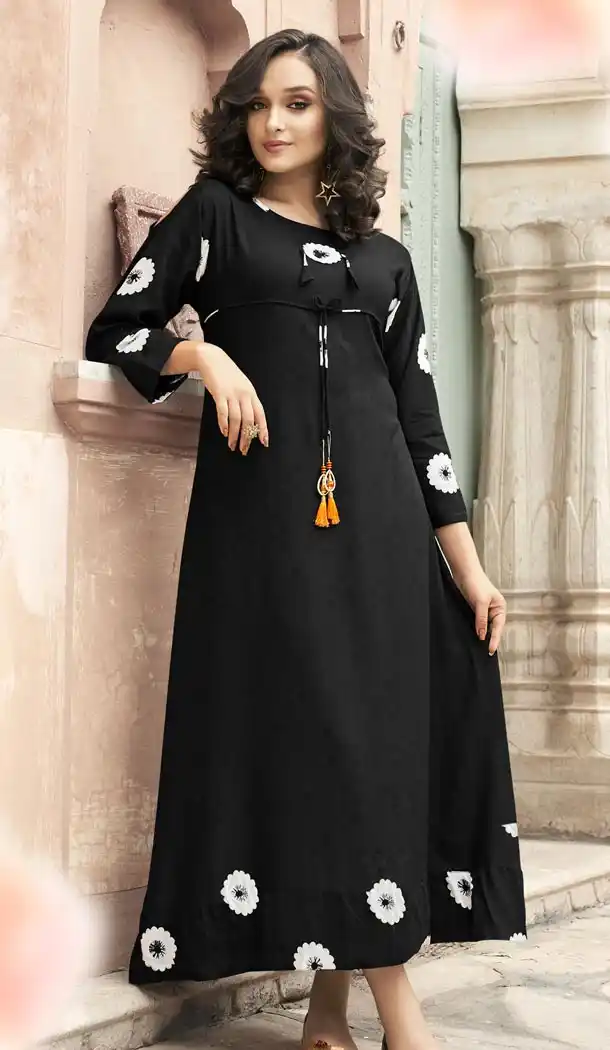 Black Color Heavy Rayon Exclusive Party Ready Made Printed Kurti - 399848204