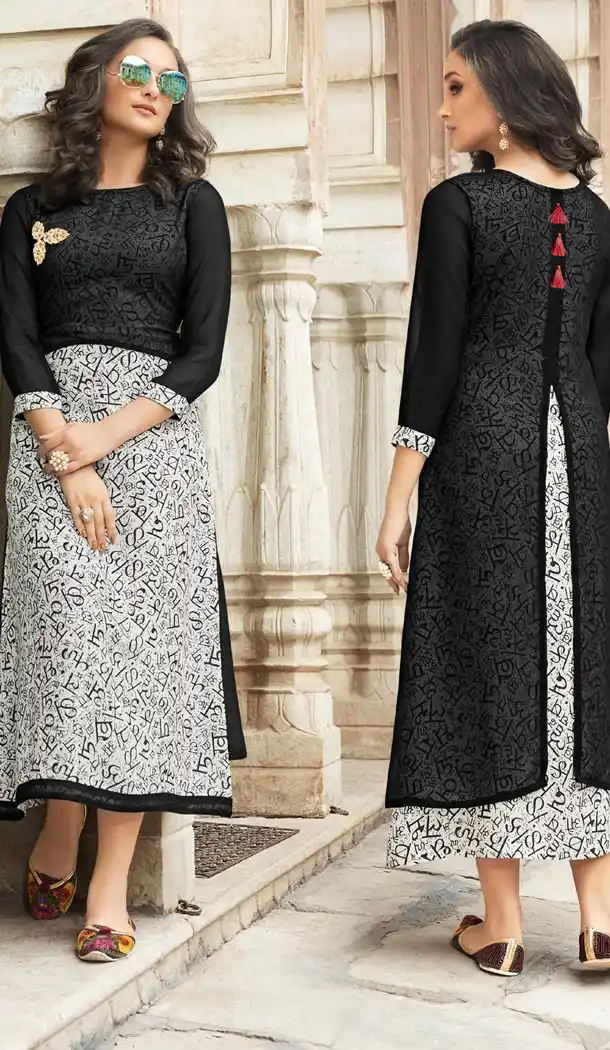 Black Color Heavy Rayon Exclusive Party Ready Made Printed Kurti - 399848206
