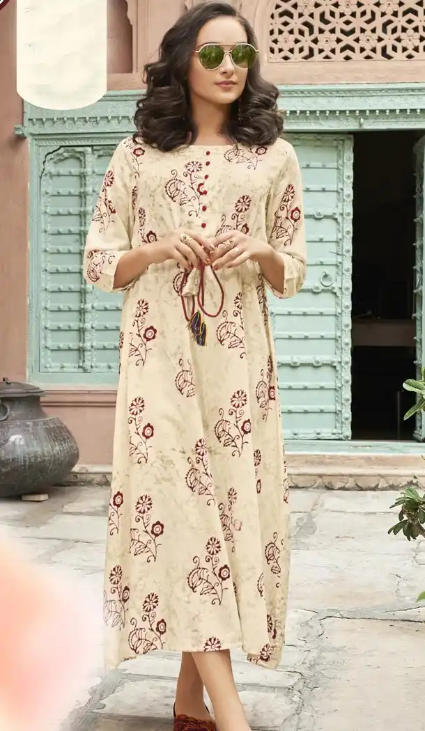 Beige Color Heavy Rayon Exclusive Party Ready Made Printed Kurti - 399848207