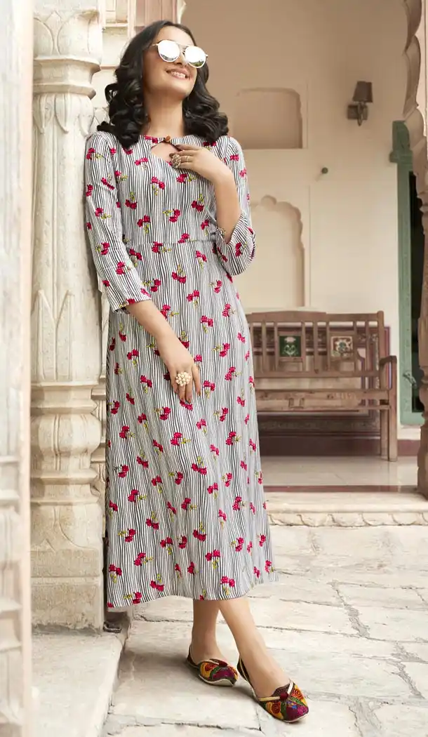Grey Color Heavy Rayon Exclusive Party Ready Made Printed Kurti - 399848208