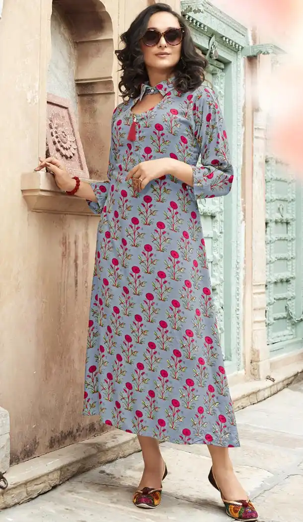 Grey Color Heavy Rayon Exclusive Party Ready Made Printed Kurti - 399848210