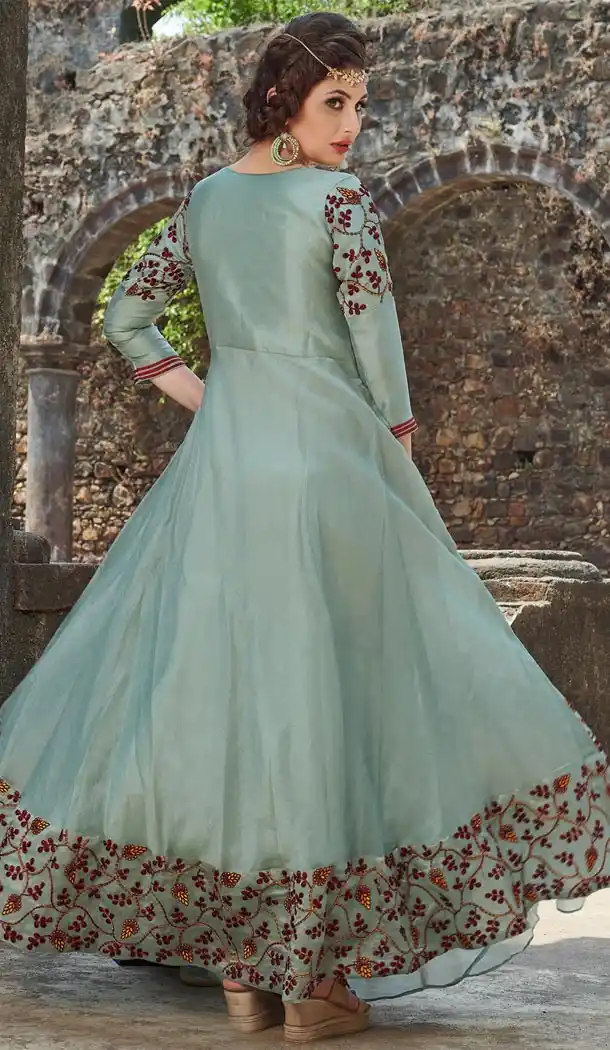 Aqua Grey Color Organza and Satin Designer Readymade Gown for Women - 404948899