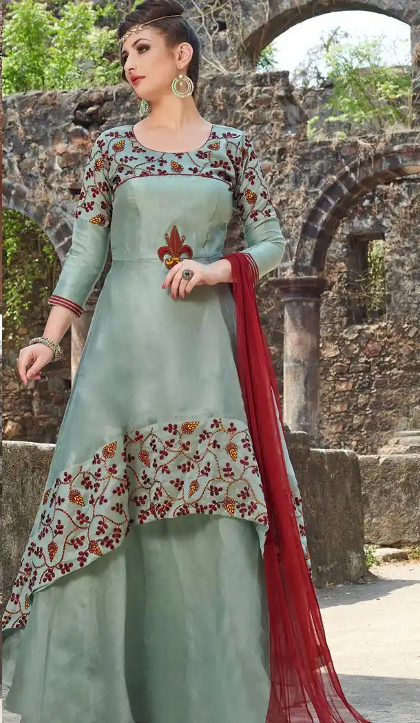 Aqua Grey Color Organza and Satin Designer Readymade Gown for Women - 404948899