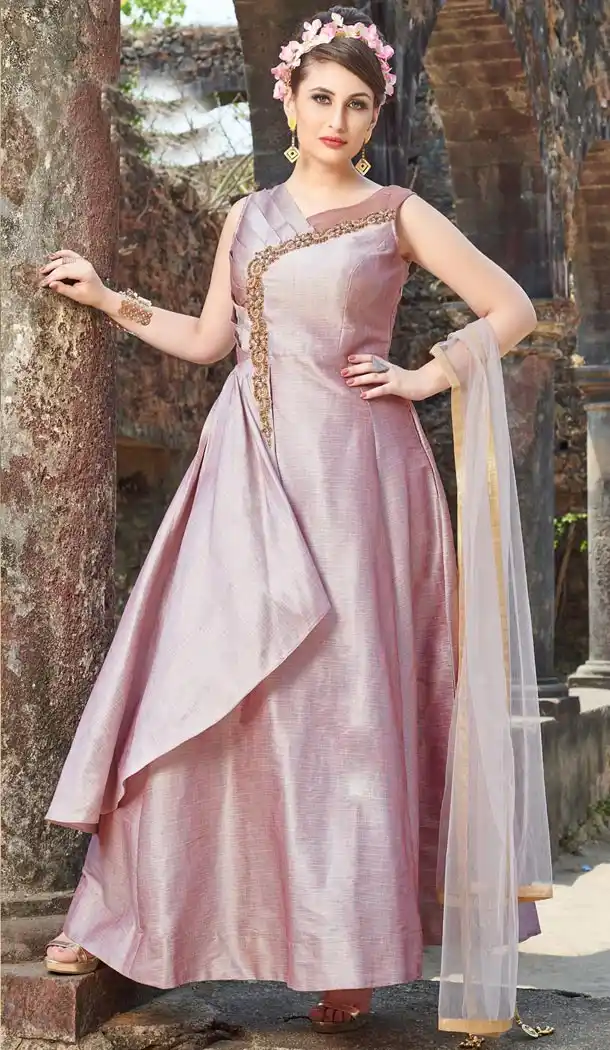 Charming Pink Color Chanderi Slub Designer Readymade Gown for Women - 404948900