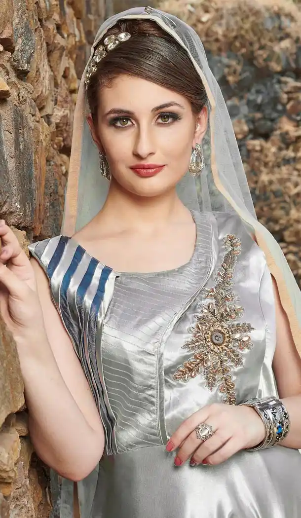 Silver Color Satin Designer Readymade Gown for Women - 404948901