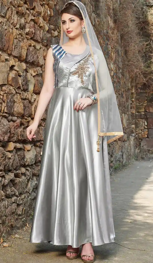 Silver Color Satin Designer Readymade Gown for Women - 404948901