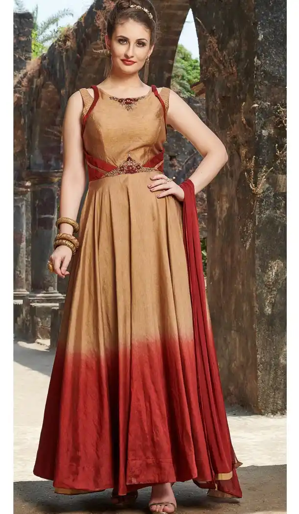 Golden Red Color Chanderi Silk Designer Readymade Gown for Women - 404948902