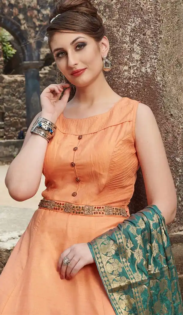 Orange Color Chanderi Silk Designer Readymade Gown for Women - 404948905