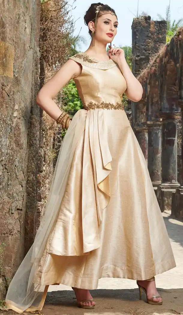 Beige Color Silk Designer Readymade Gown for Women - 404948906
