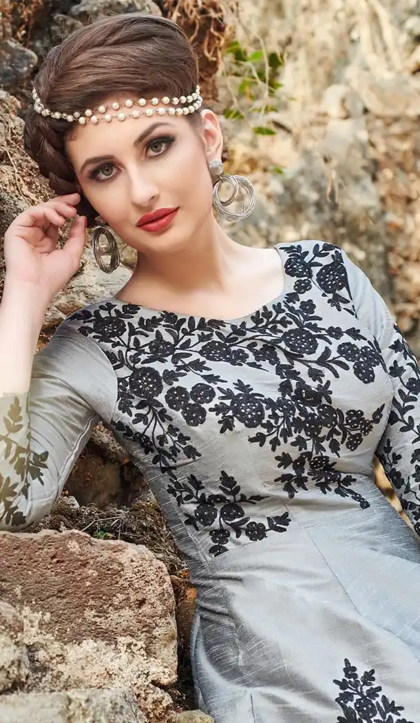 Grey Color Silk Designer Readymade Gown for Women - 404948907